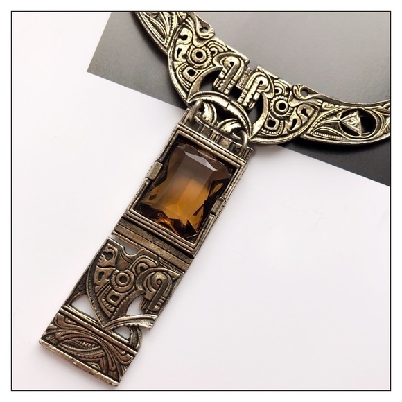 Vintage Miracle Smoky Amber Glass Celtic Collar Necklace Signed Miracle … - Picture 3 of 5